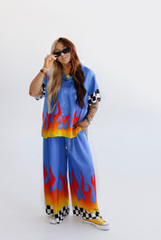 Blue Ignition Checker Short Sleeve Satin Set