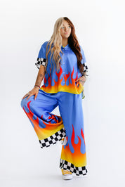 Blue Ignition Checker Short Sleeve Satin Set