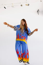 Blue Ignition Checker Short Sleeve Satin Set