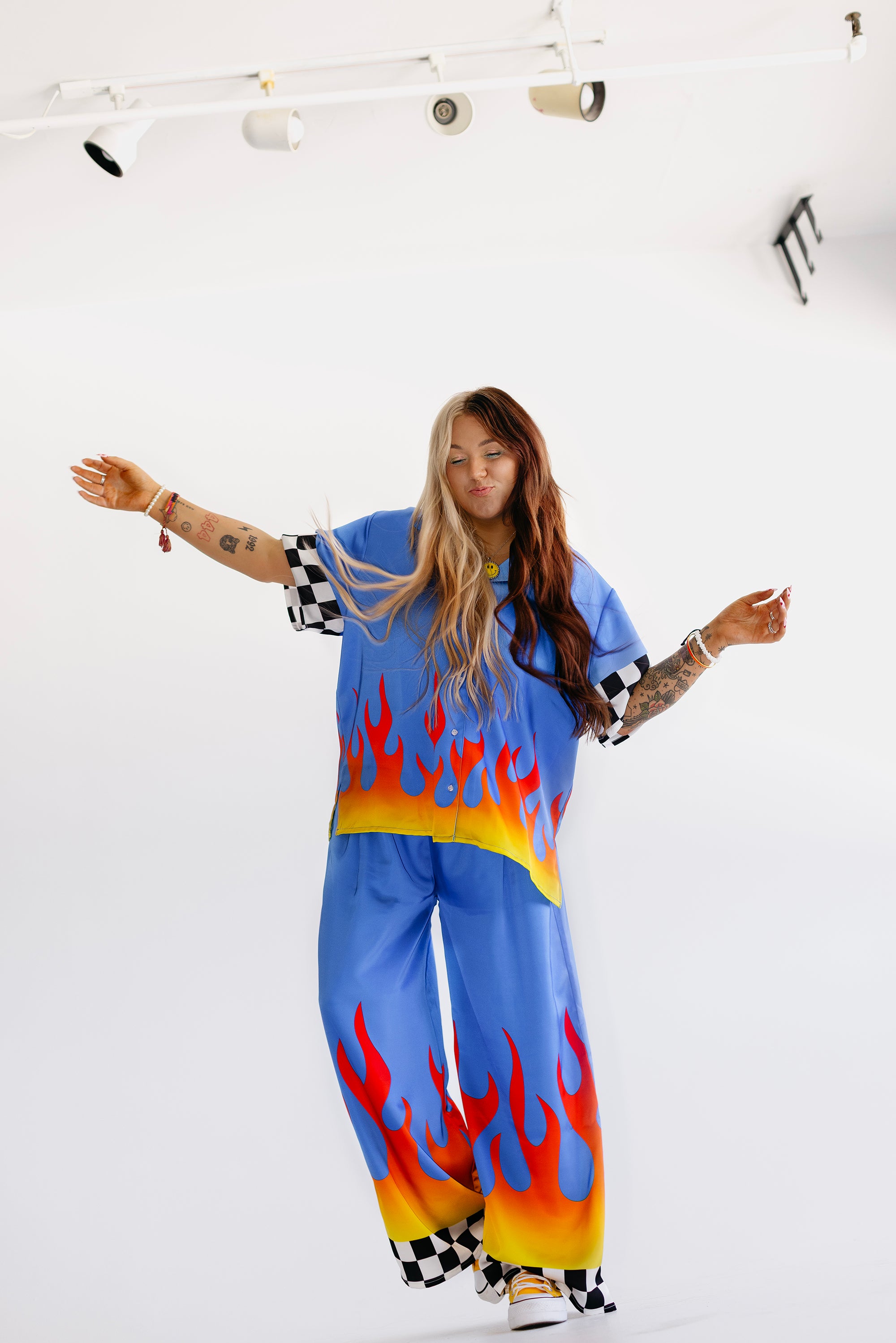 Blue Ignition Checker Short Sleeve Satin Set