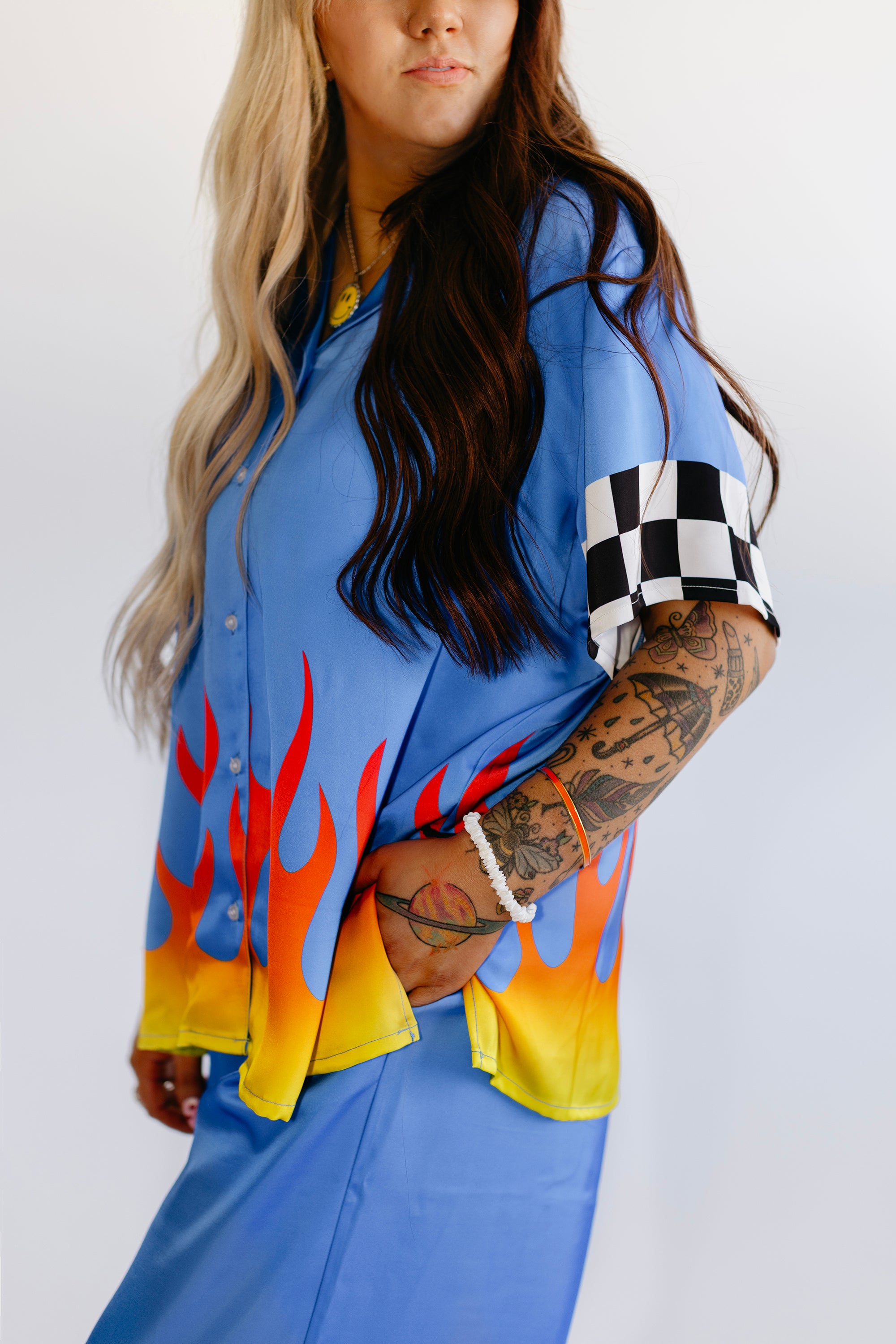 Blue Ignition Checker Short Sleeve Satin Set