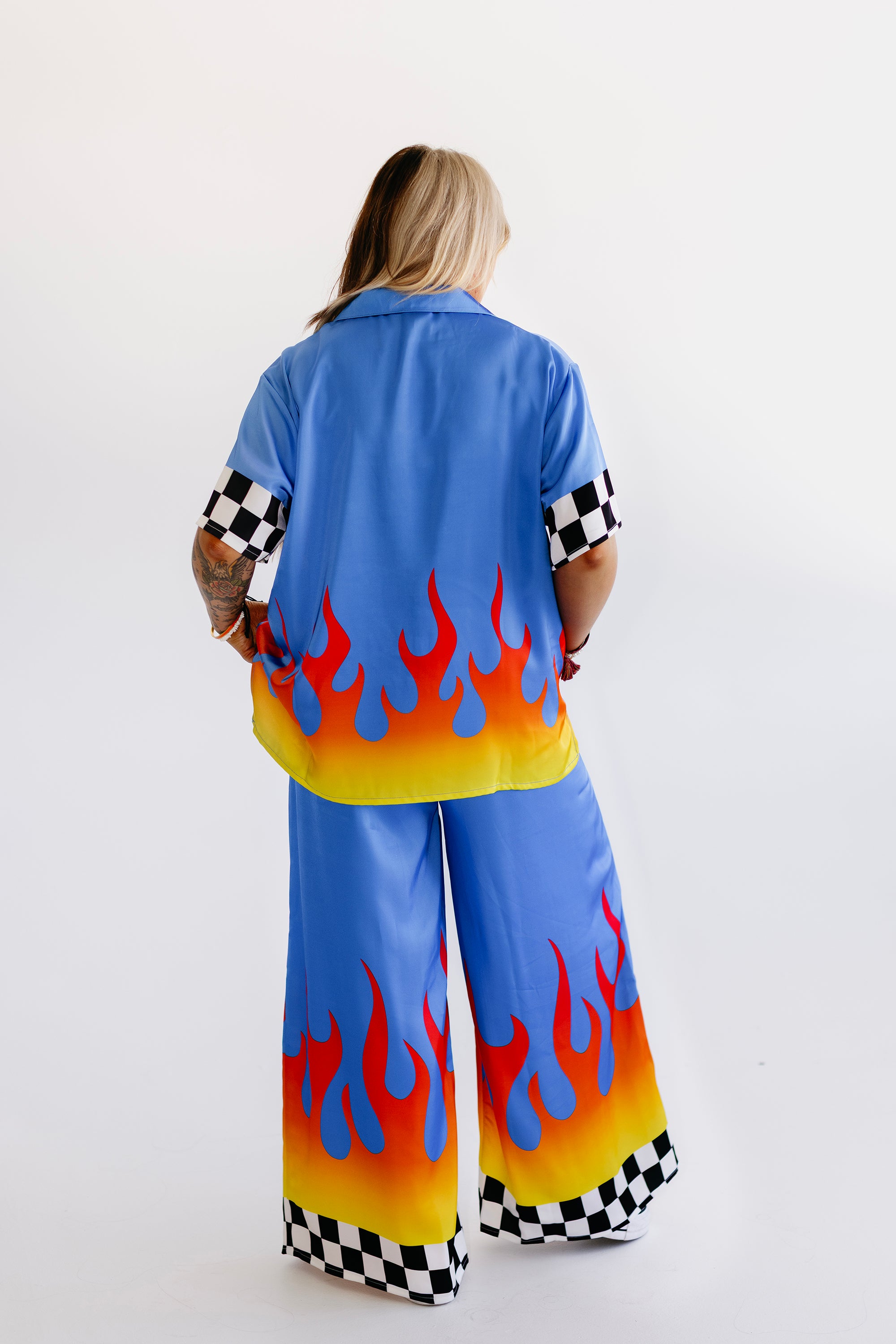 Blue Ignition Checker Short Sleeve Satin Set