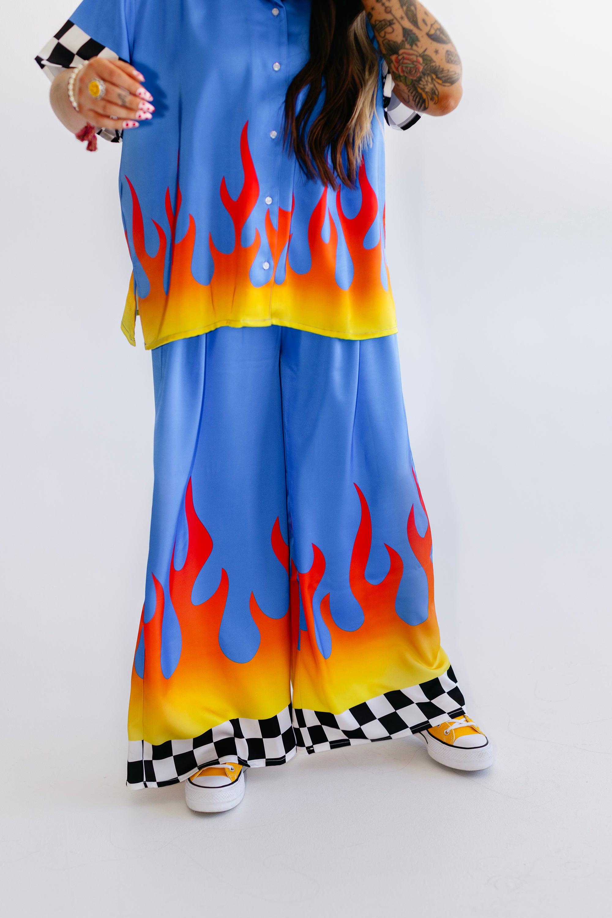 Blue Ignition Checker Short Sleeve Satin Set
