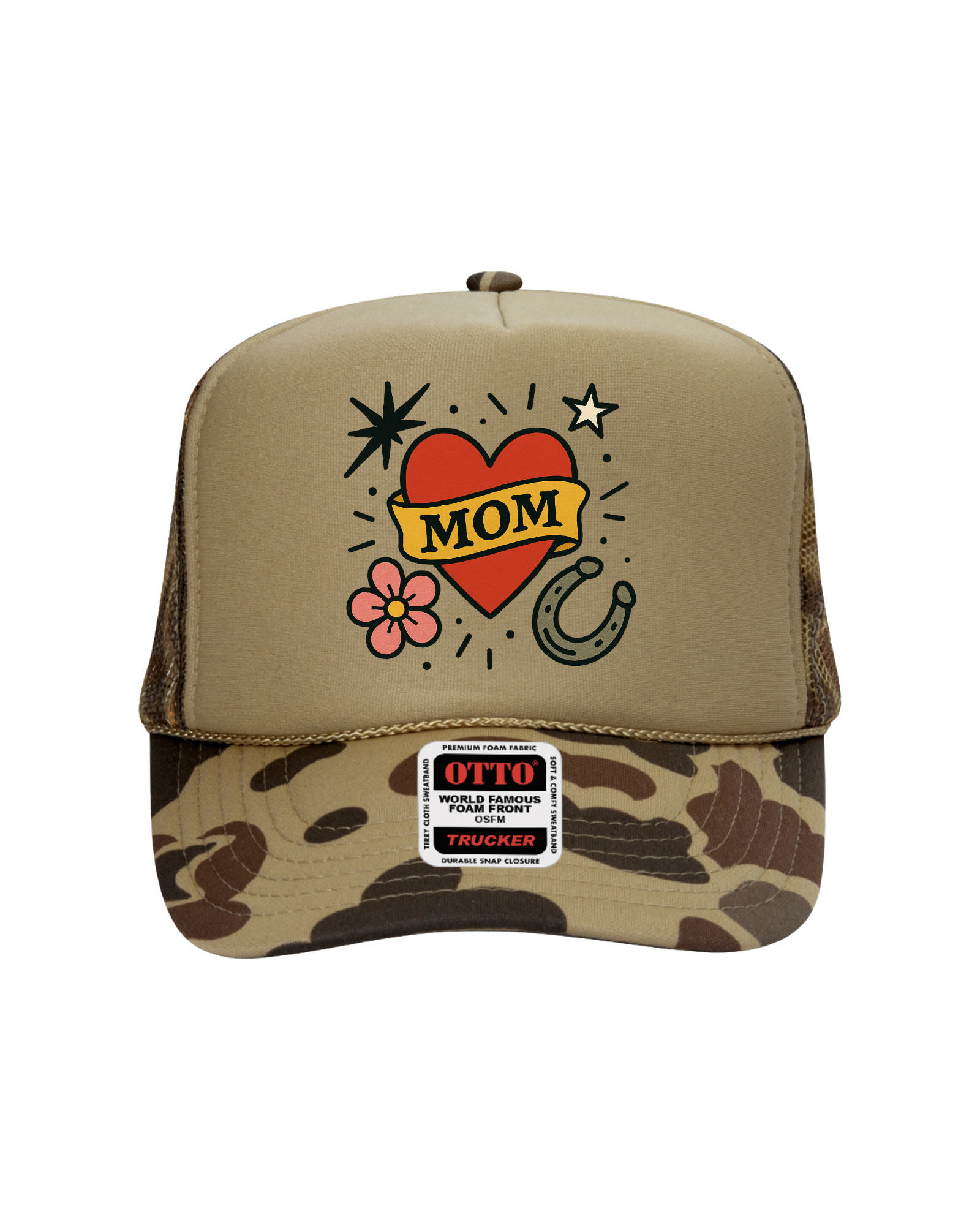 Mom Tattoo Trucker Hat (Tan Camo)