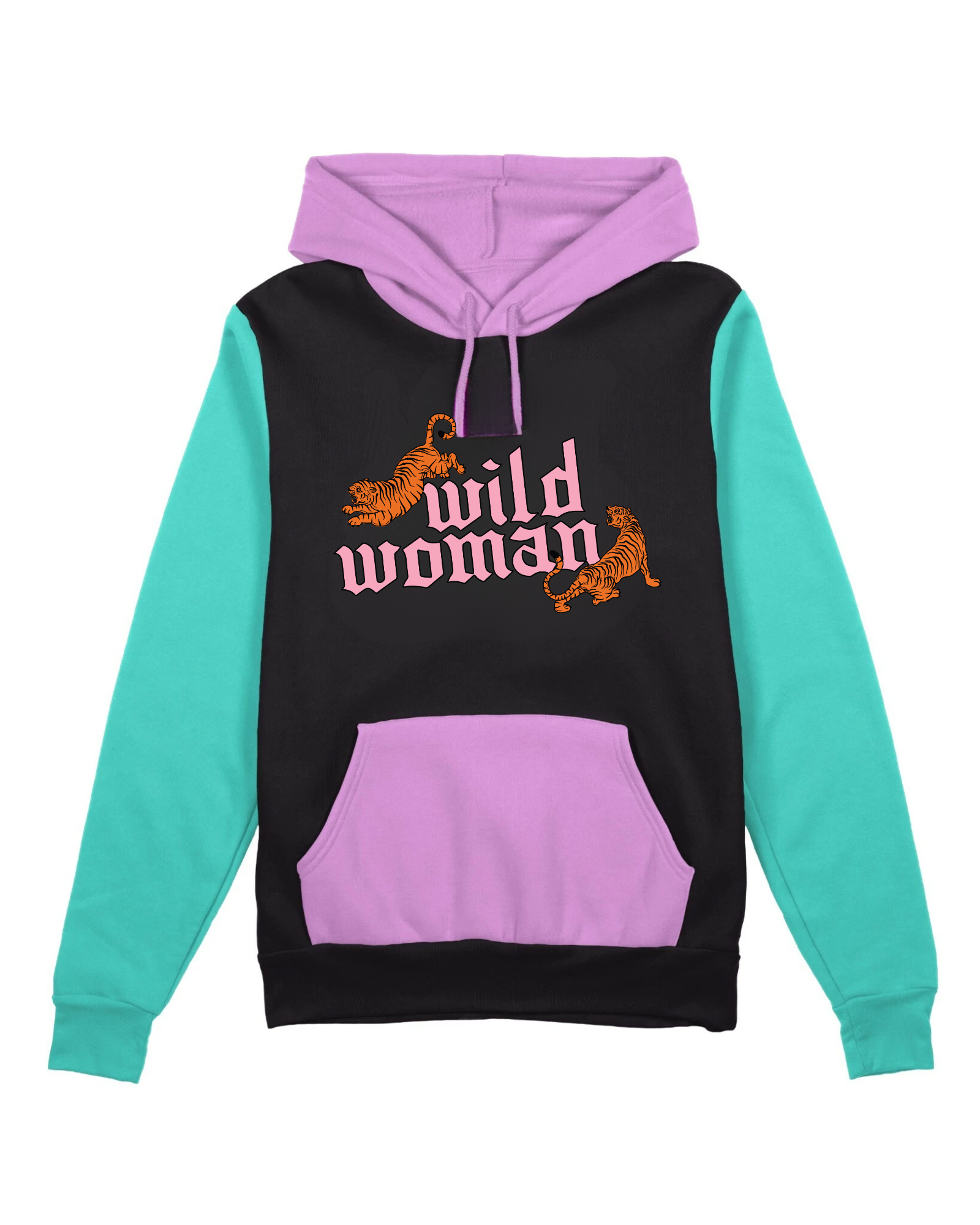 Wild Woman (pink) - Purple & Teal Color Block Graphic Hoodie