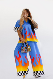 Blue Ignition Checker Short Sleeve Satin Set