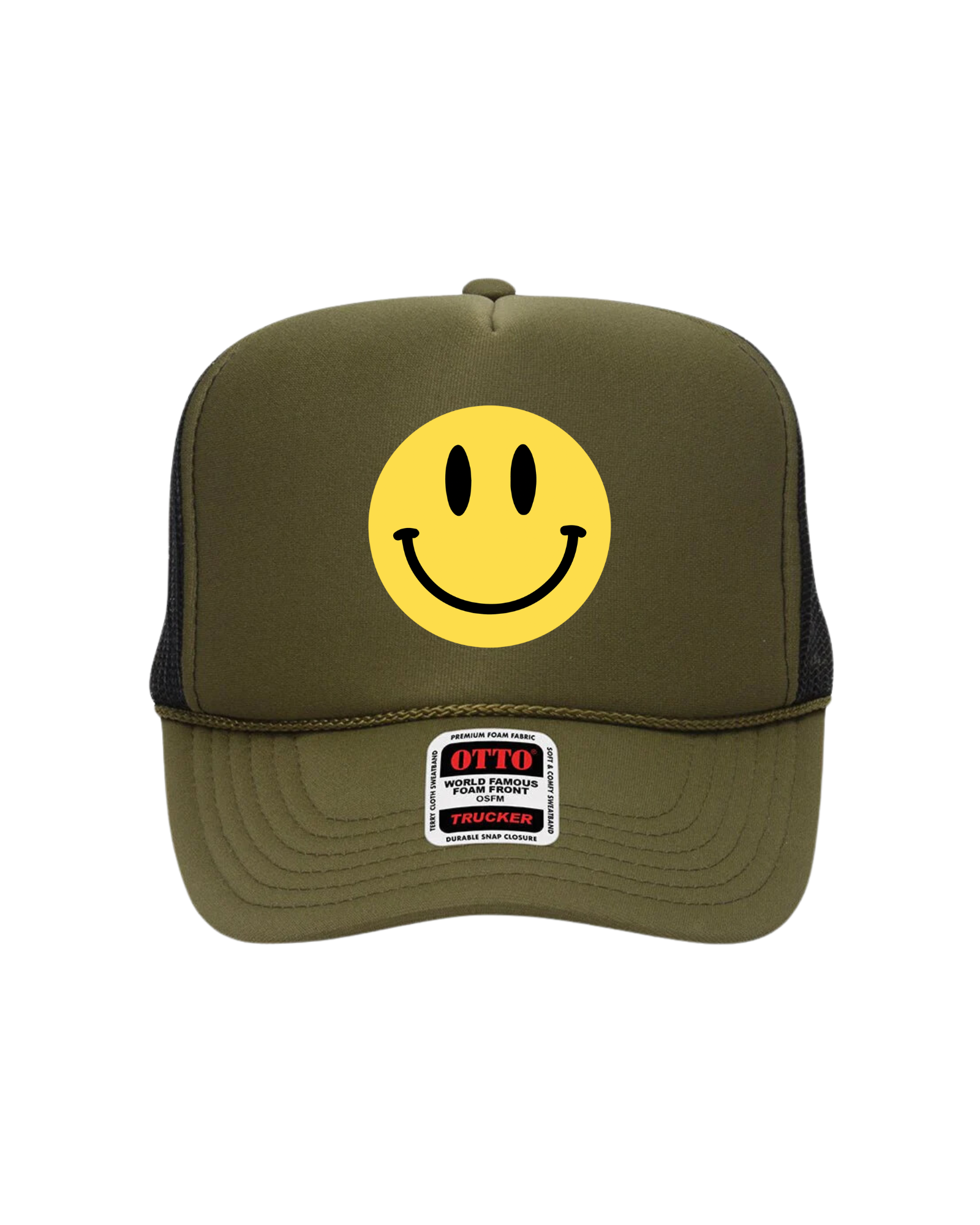 Smiley Face Trucker Hat (Olive Green)