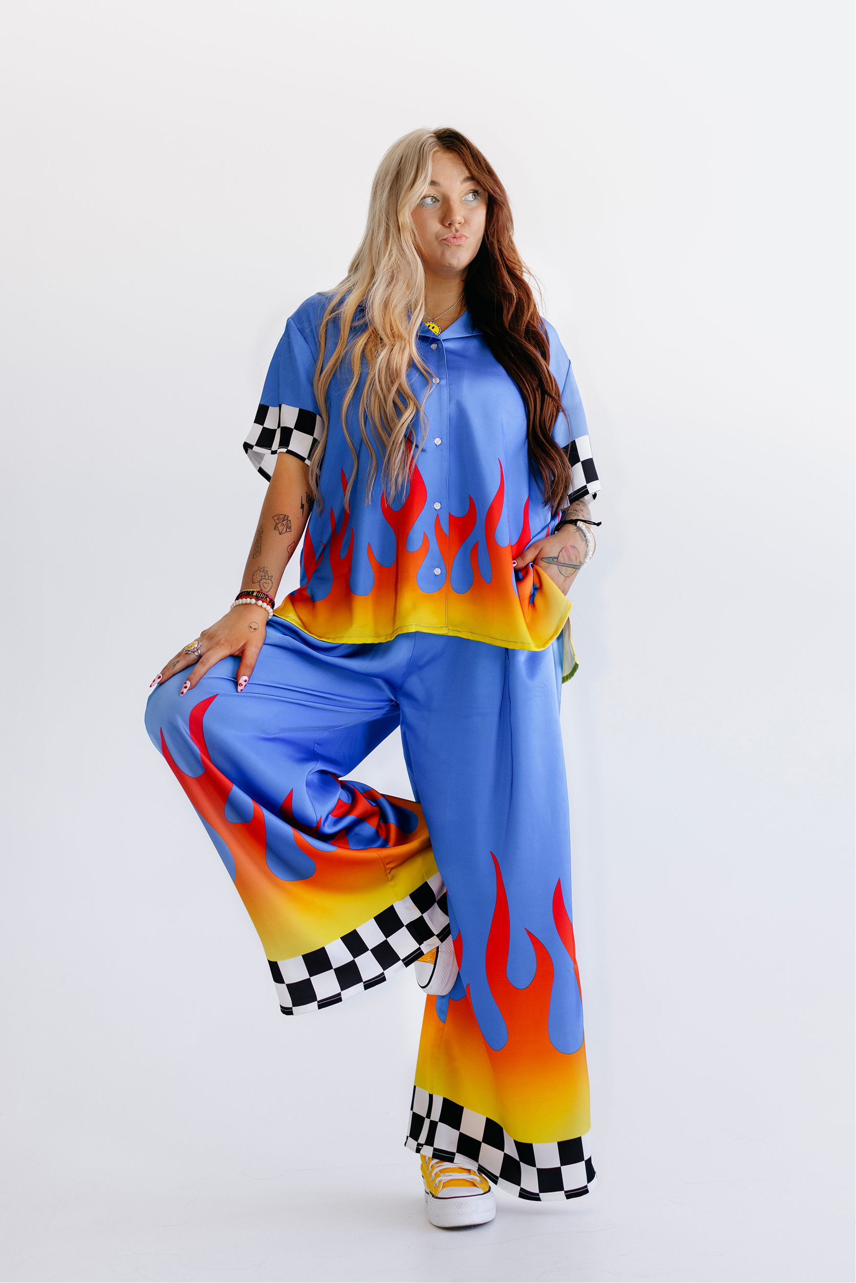 Blue Ignition Checker Short Sleeve Satin Set