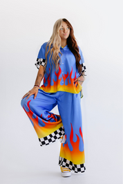 Blue Ignition Checker Short Sleeve Satin Set