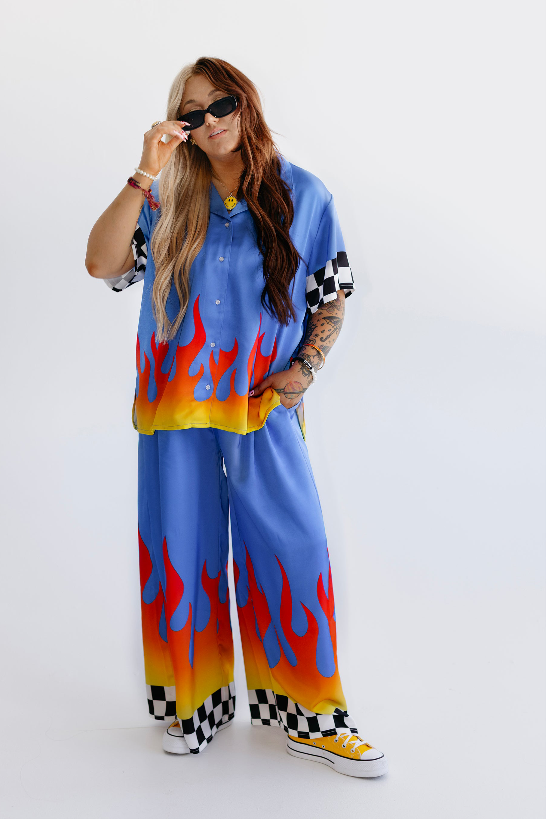 Blue Ignition Checker Short Sleeve Satin Set