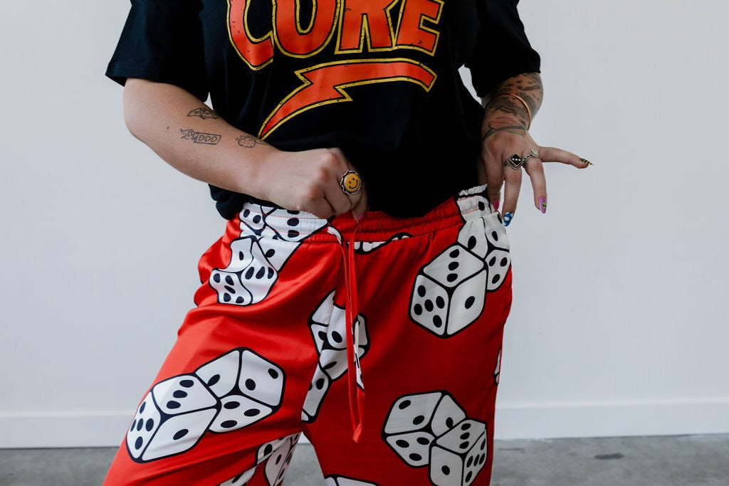 **PRE-ORDER: ships by 8/29** High Stakes Red Dice Wide-Leg Satin Trouser  **RESTOCKED**