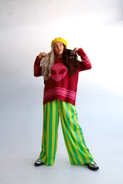 High Voltage Green Stripe Straight Leg Trousers