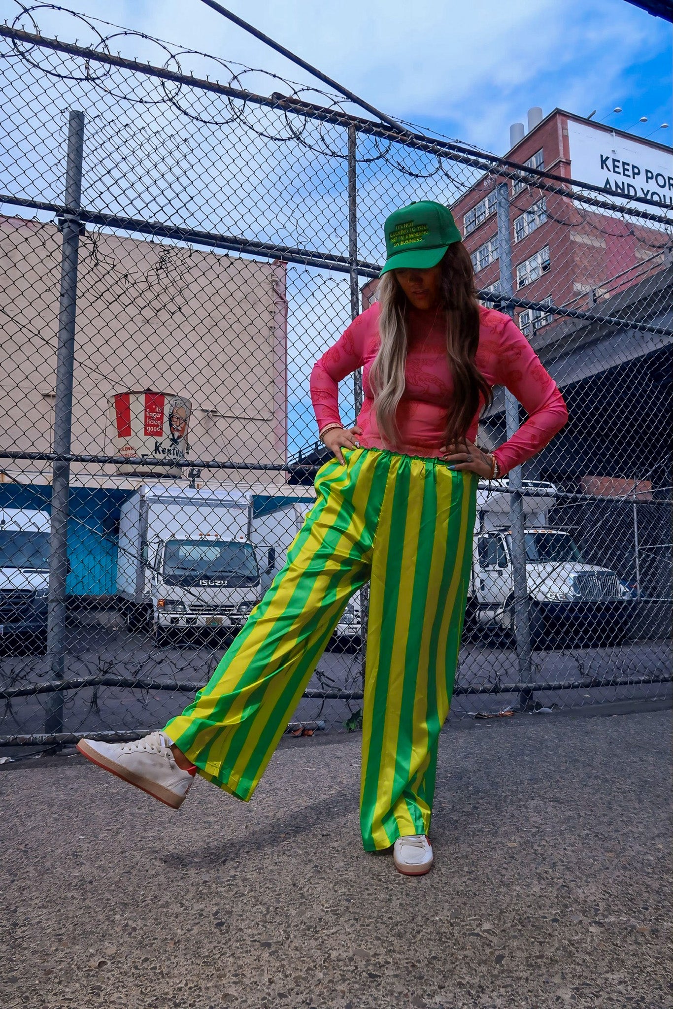 High Voltage Green Stripe Straight Leg Trousers