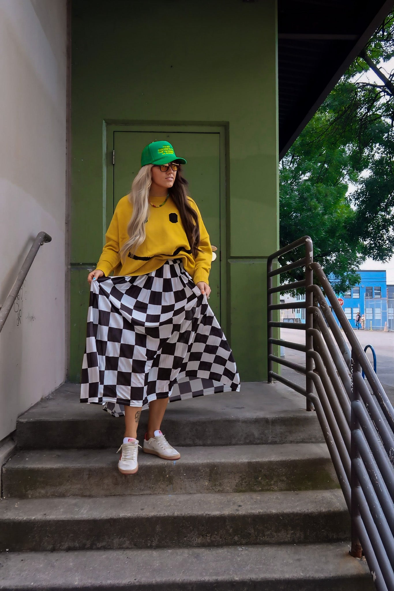 **PRE-ORDER: ships by 9/15** Victory Lap Checkered Maxi Pleated Skirt