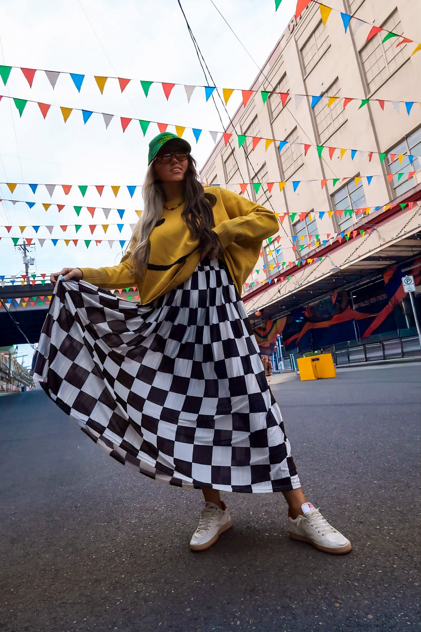 **PRE-ORDER: ships by 9/15** Victory Lap Checkered Maxi Pleated Skirt