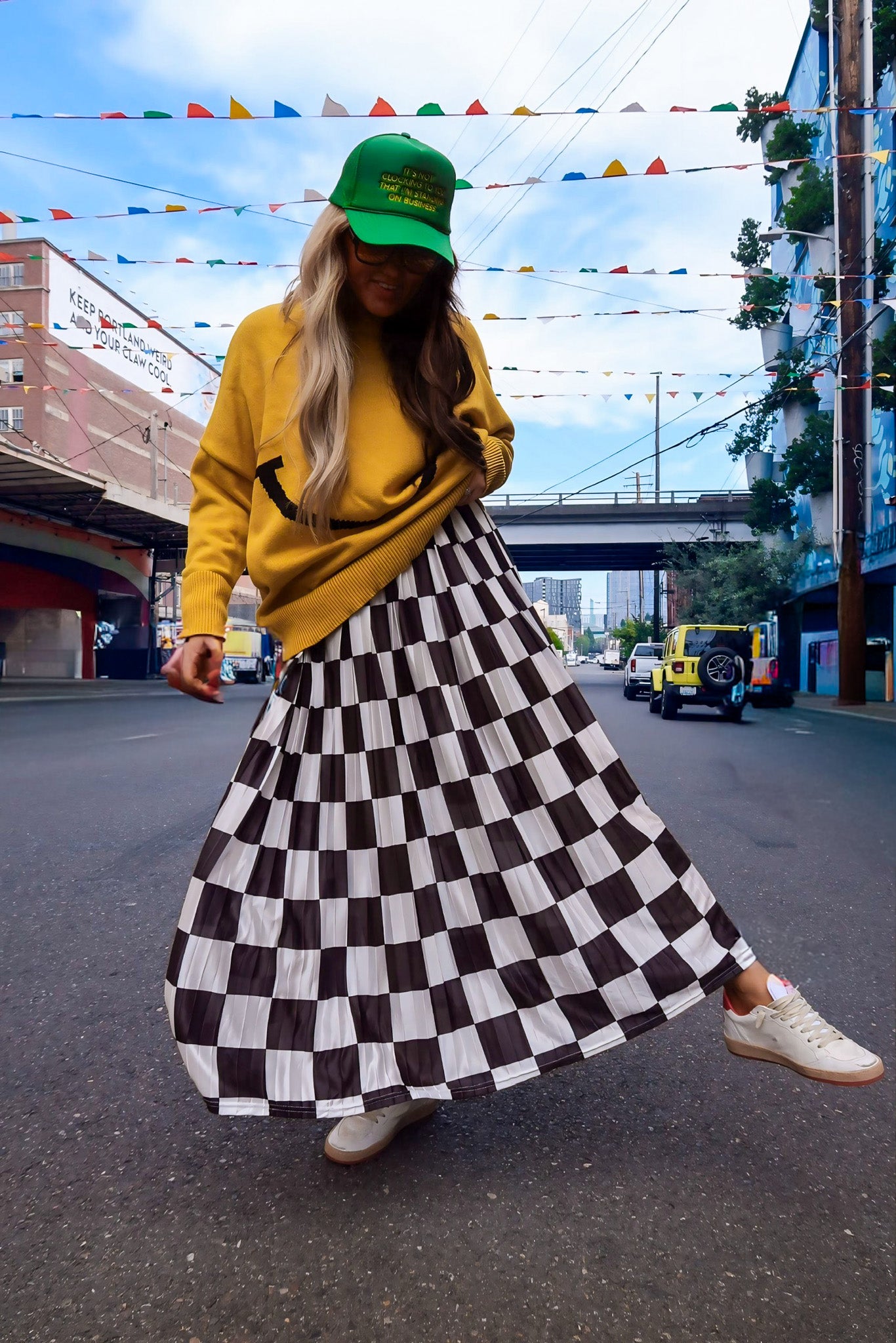 **PRE-ORDER: ships by 9/15** Victory Lap Checkered Maxi Pleated Skirt