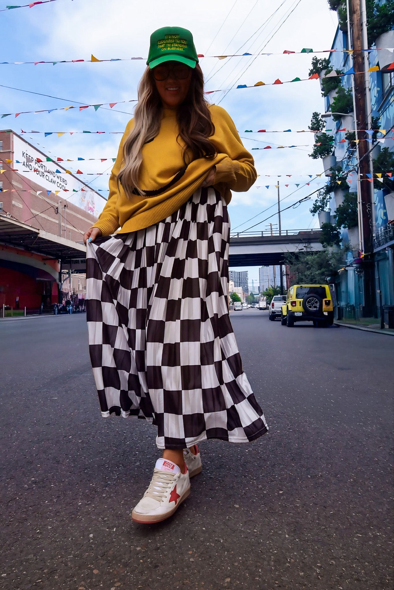 **PRE-ORDER: ships by 9/15** Victory Lap Checkered Maxi Pleated Skirt