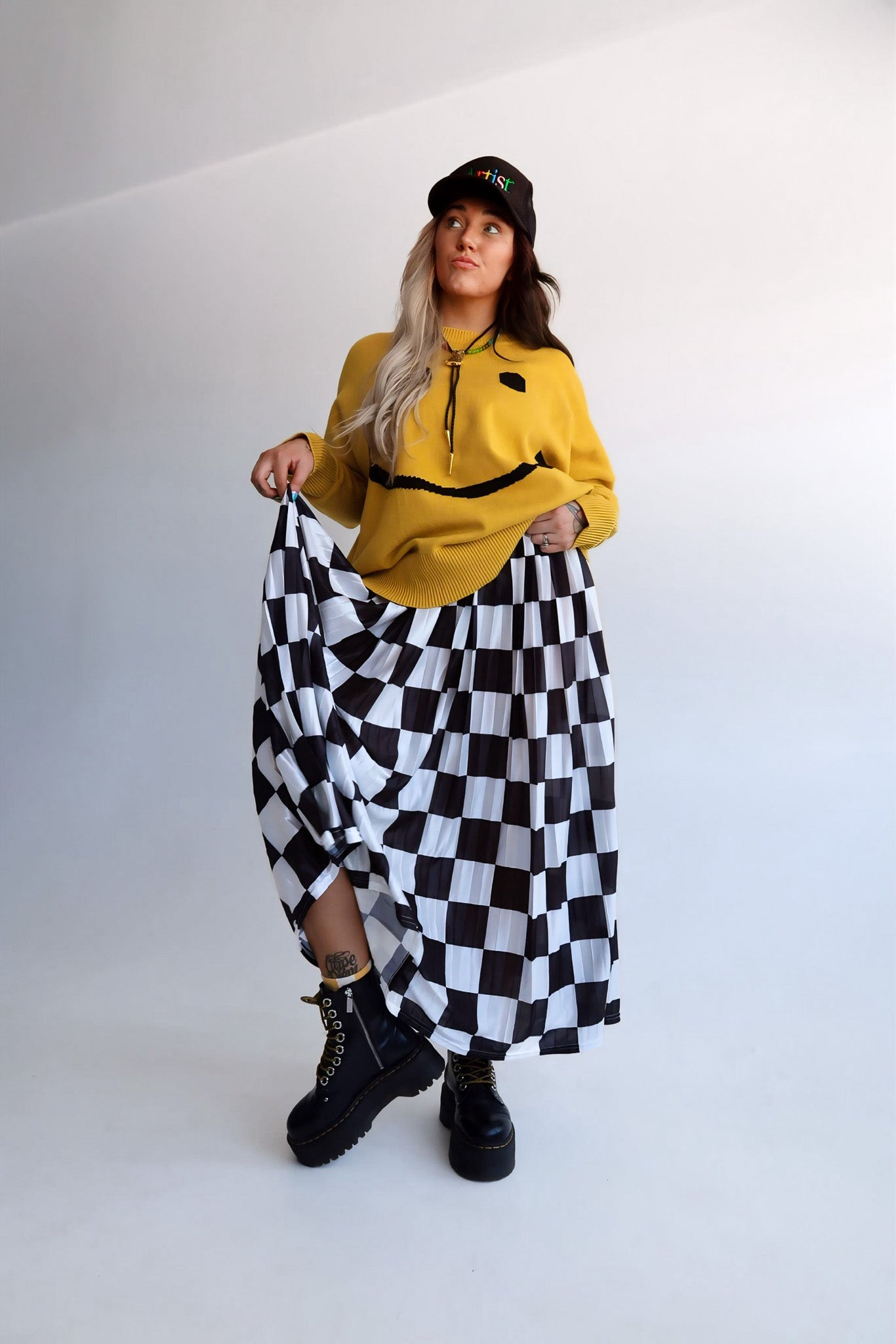 **PRE-ORDER: ships by 9/15** Victory Lap Checkered Maxi Pleated Skirt