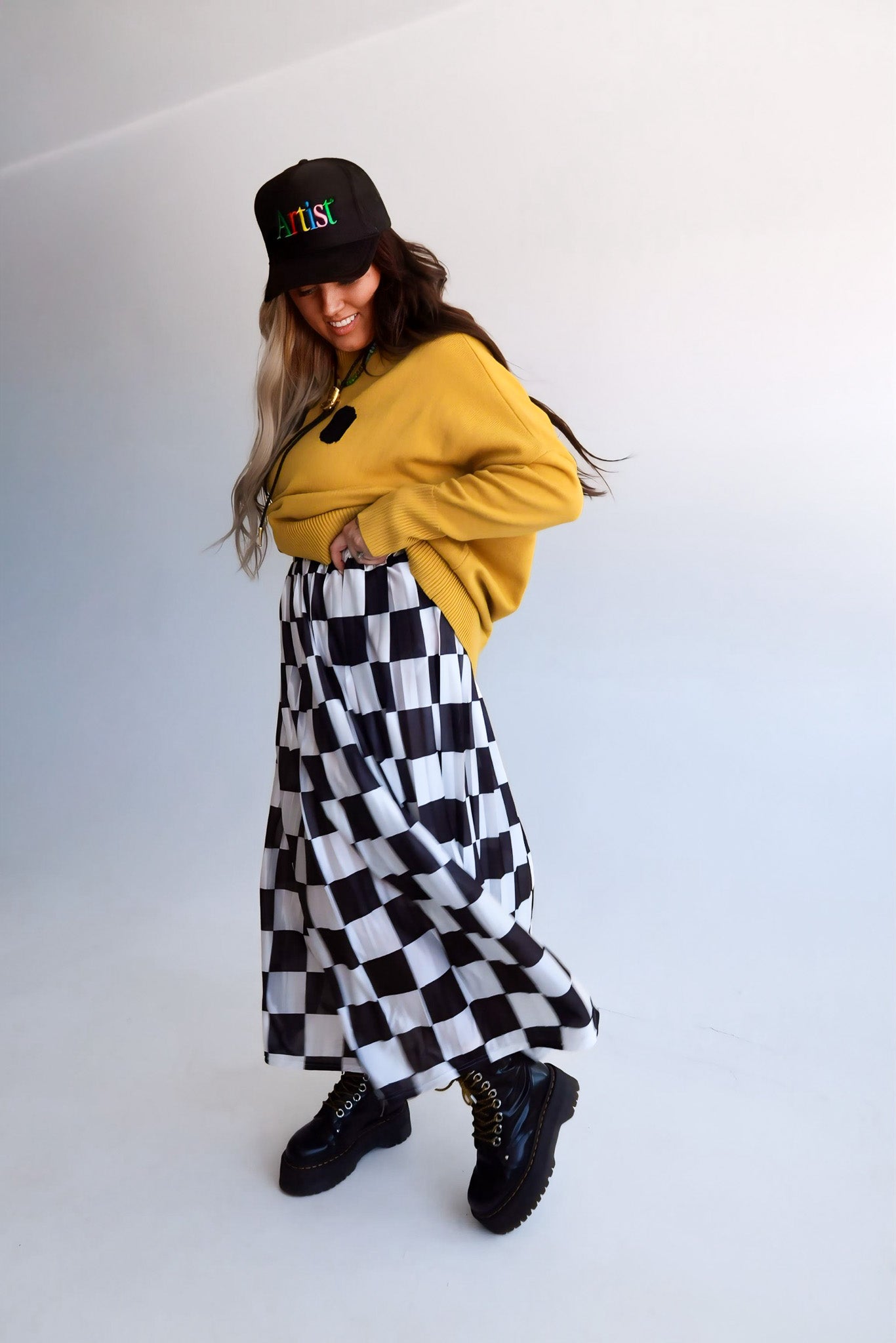 **PRE-ORDER: ships by 9/15** Victory Lap Checkered Maxi Pleated Skirt